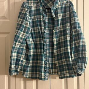 LOFT Teal and White Plaid Button Down Shirt